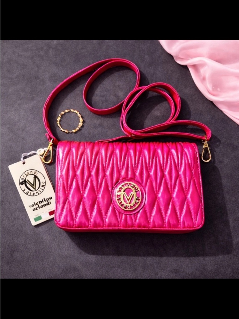 Hot Pink Quilted Wallet Chain Dual Crossbody Clutch Gold NWT Valentino Orlandi